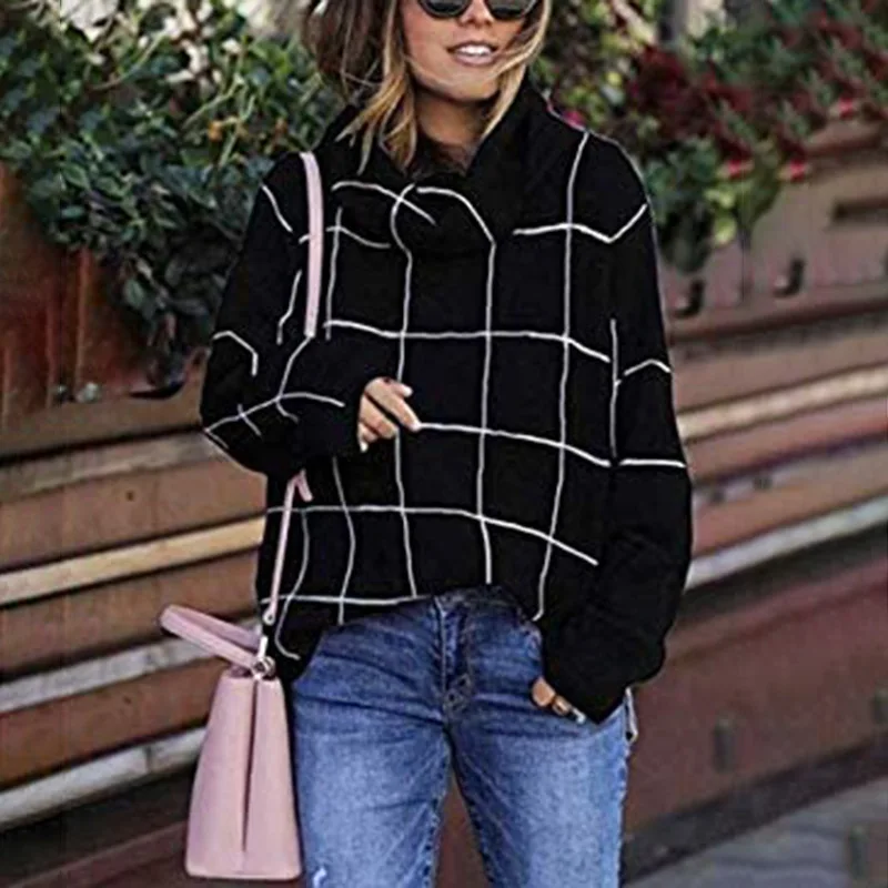 Женский пуловер свитер водолазка в клетку с длинным рукавом Свободные