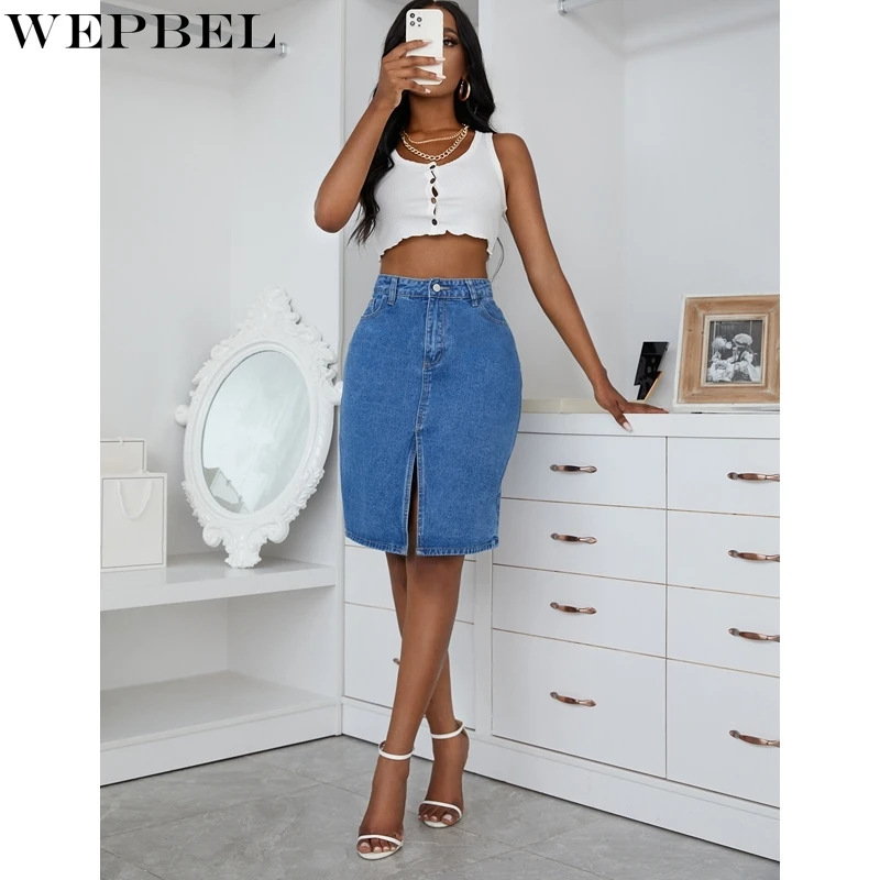 

Denim Skirt Women's Casual Solid Color High Waist Skirt Autumn Fashion Button Slim Fit Slit Denim Skirt