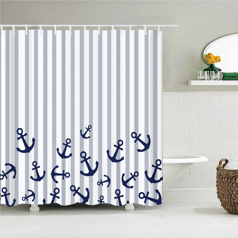 

High Quality Nautical Anchor 3D Printed Fabric Shower Curtains Waterproof Bathroom Curtain Bathroom Decor with 12 Hooks