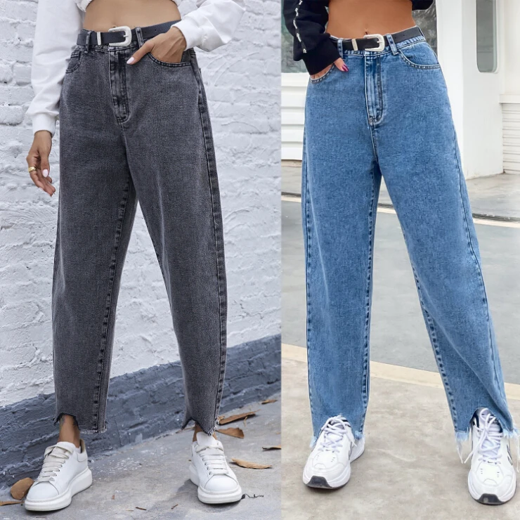 

ICCLEK Denim High Waist Jeans Small Size Denim Harem Trousers Mujer Vintage Casual Jeans Straight Women Ripped Beam Feet Pant