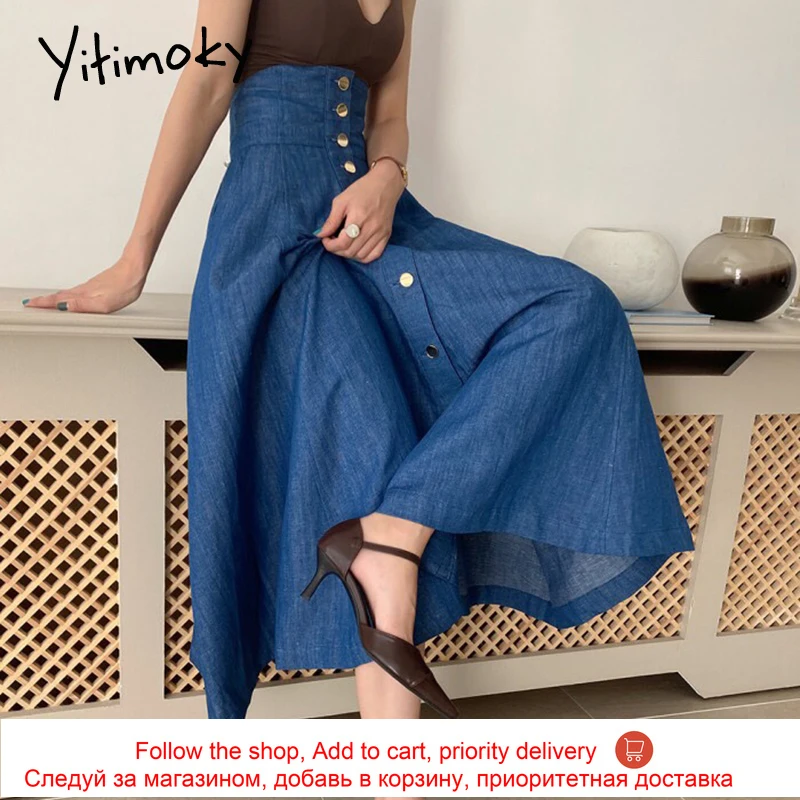 

Yitimoky 2 Piece Set Knitted V-Neck Sleeveless Spaghetti Strap Vintage Button Up High Waist Long Jean Skirt Pockets Summer