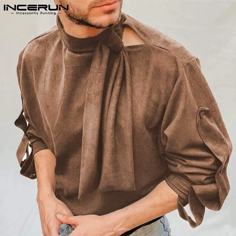 INCERUN 2022 Men T Shirt Lace Up Turtleneck Long Sleeve Faux Suede Camisetas Streetwear Autumn Button Casual Men Clothing 5XL 7