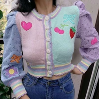 deeptown japan kawaii puff sleeve sweater long sleeve button up cardigan fall 2021 90s vintage y2k cute embroidery crop top chic