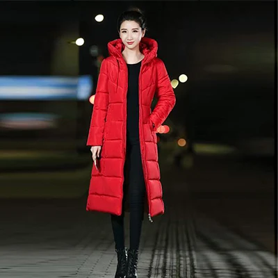 red Корейские длинные пуховые пальто для женщин, зимние повседневные пальто размера плюс на молнии с капюшоном, M-6XL пуховик, Женская офисная одежда, утолщенная модная верхняя одежда - Цвет: red