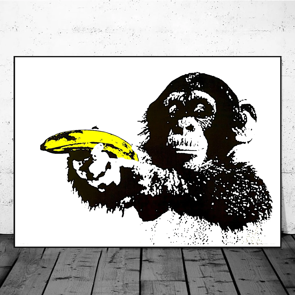 

Monkey Just Shoot Me Banana Gun Poster And Prints Art Picture On Canvas Painting Funny Animal Wall Art Decor Living Room