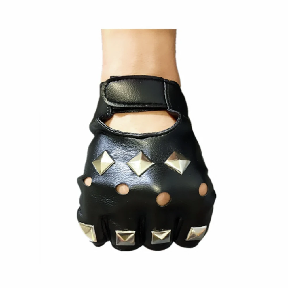 

Blackmasksu Punk Unisex Mittens Silver Rivet Black Pu Leather Holey Gloves For Men/Women