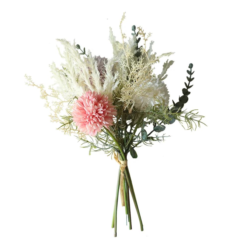

New White Artificial Flower High Quality Silk Dandelion Eucalyptus Hybrid Bouquet Wedding Home Party Decorative False Flower