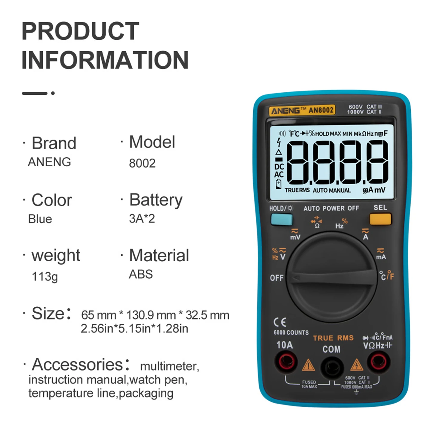 

ANENG AN8002 Digital Multimeter 6000 Counts True RMS Multifunctional Voltmeter Ammeter AC/DC Voltage Multimeter tester