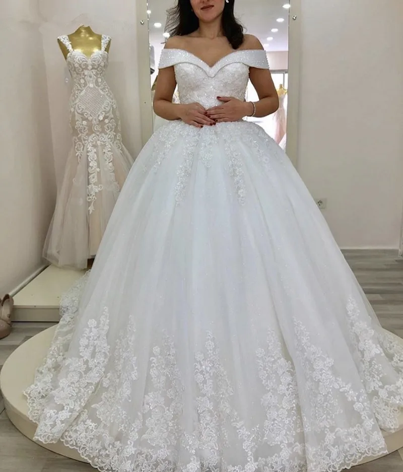 

Hand Working Crystal Wedding Dresse Beading Court Train Lace Applique Tulle wedding gown With Lace Up Back vestido de noiva