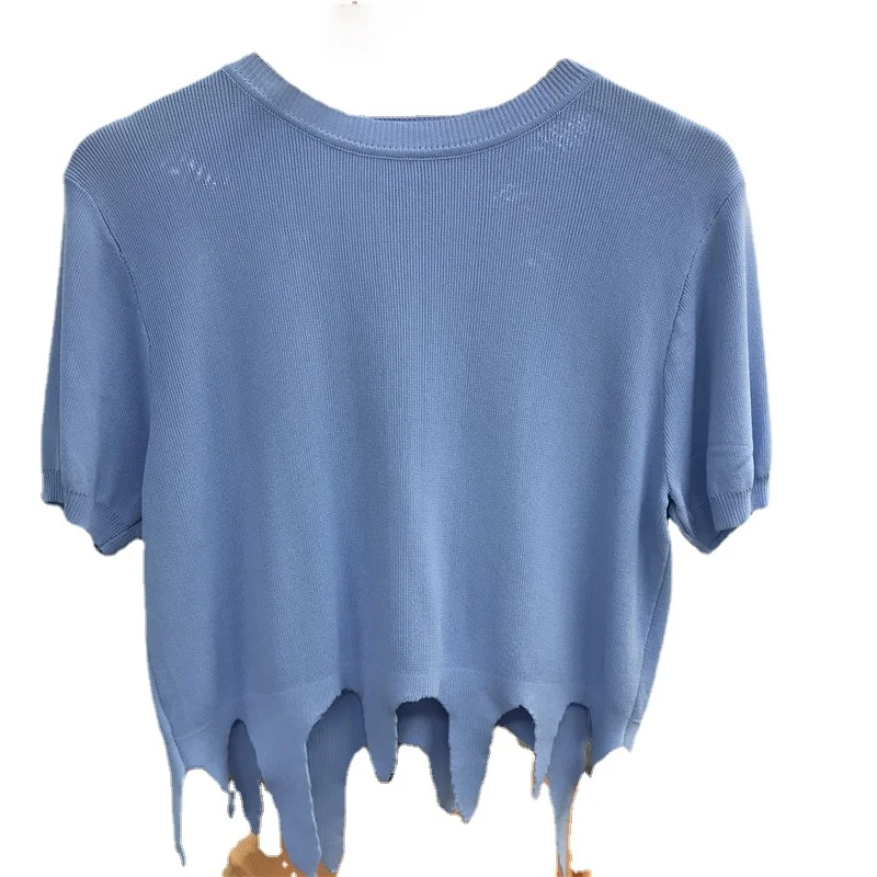 

Summer Knitted T Shirt for Women 2021 Simple Knitwear Fringed Hem Design High Waist Pure Color Short Sleeve Tops Femme
