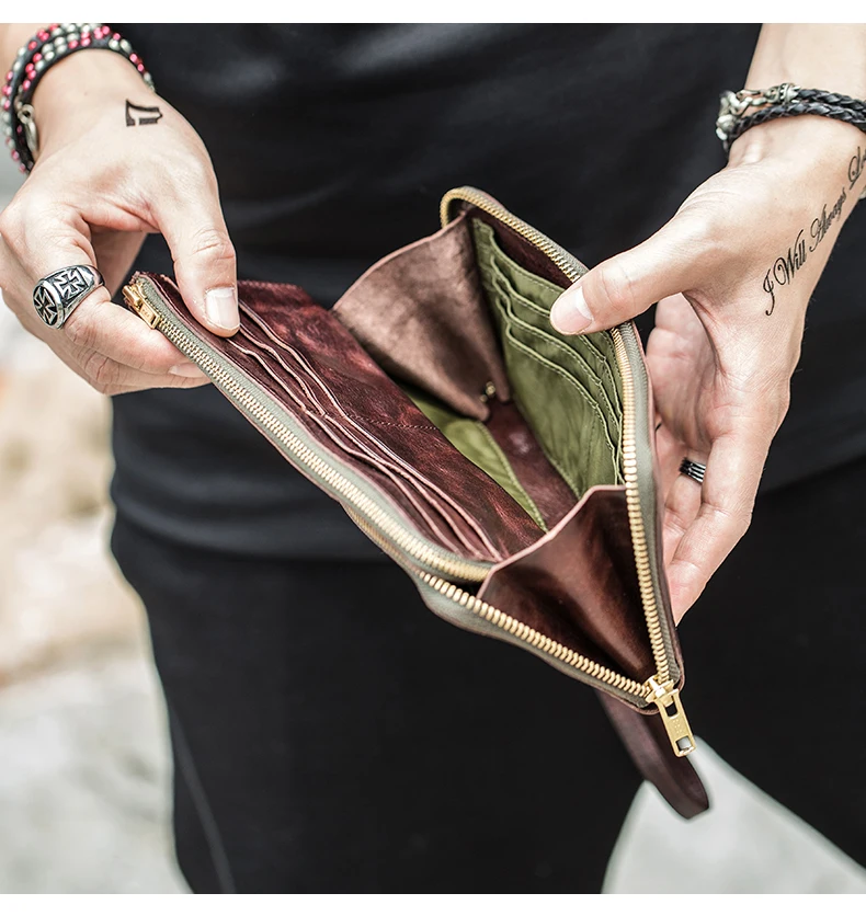 High Quality Vintage Real Cowhide Men Wallet Cash Purse Zipper Modern Stylish Male Long Day Clutches Wristlets Wallet Card Case