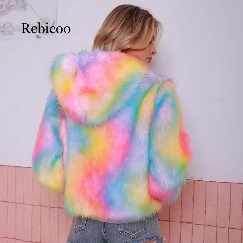 Зимнее пальто Радужное с искусственным мехом женская меховая куртка ворсистый