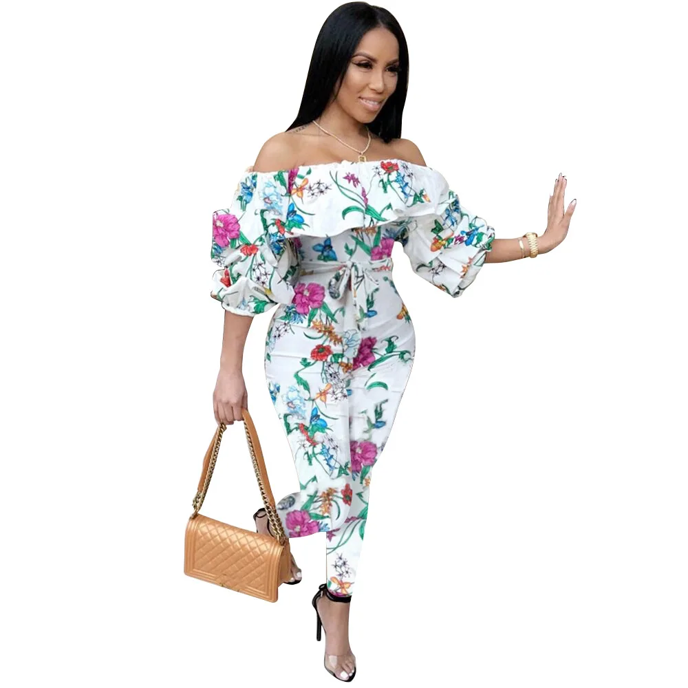 

Elegant Woman Jumpsuit Hot Sale Slash Neck Stacked Sleeve Floral Printed Bodycon Rompers Womens Jumpsuit White Sashes Bodysuits