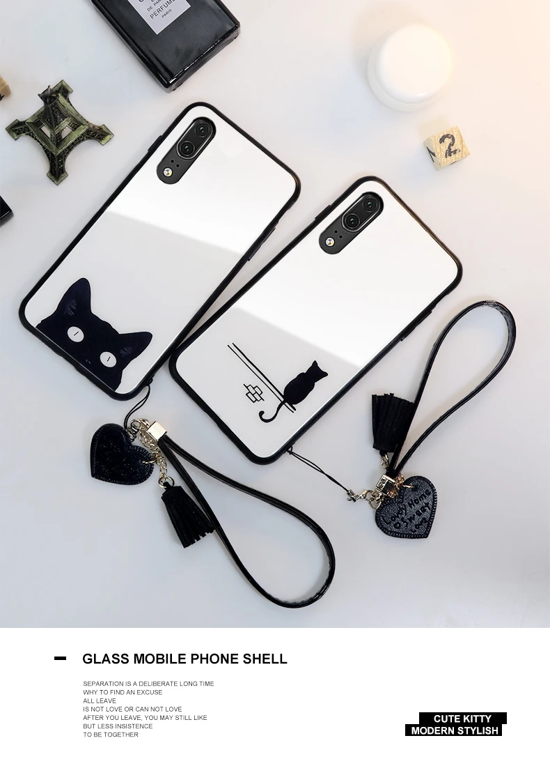 Чехол и ремешок для huawei P20 Lite Nova 5, стеклянный жесткий чехол для huawei Y9, модный простой милый кошачий ремешок, чехол