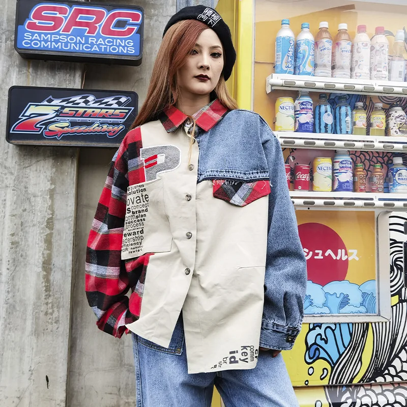 

QING MO Blue Red Cartoon Print Denim Blouse Women 2021 Spring Plaid Patchwork Blouse Plus Size Asymmetrical Blouse LHXX462