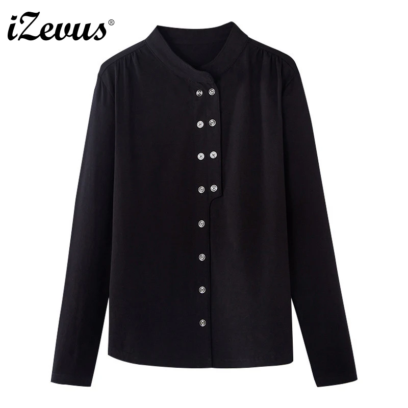 

IZEVUS Round Neck Shirt Blouse Women 2020 Autumn Black Long Sleeve Casual Tops Elegant Buttoned Blouses Office Ladies Shirt
