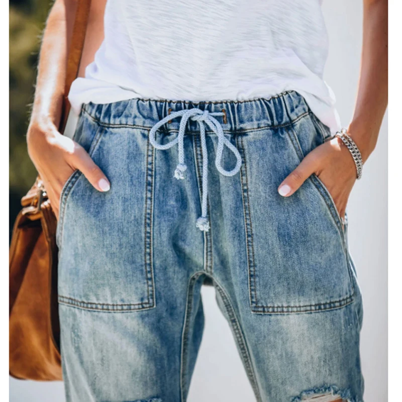 

Women Drawstring Denim Jeans 2021 New Fashion Ripped Hole Stretch Ladies Jean Pants Casual Plus Size Pencil Pants Trousers
