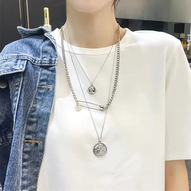 Модное ожерелье булавка монета многослойная портретная голова сетка красная