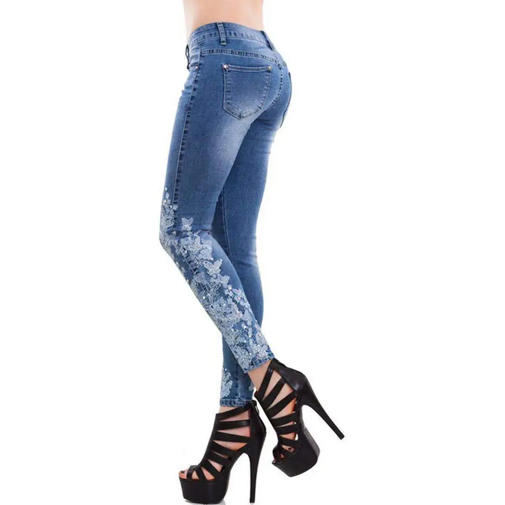 

Plus Size 5XL Embroidery Jeans for Women Spring Fashion Skinny Low Waist Stretch Jeans Mujer Slim Blue Pencil Pants Streetwear