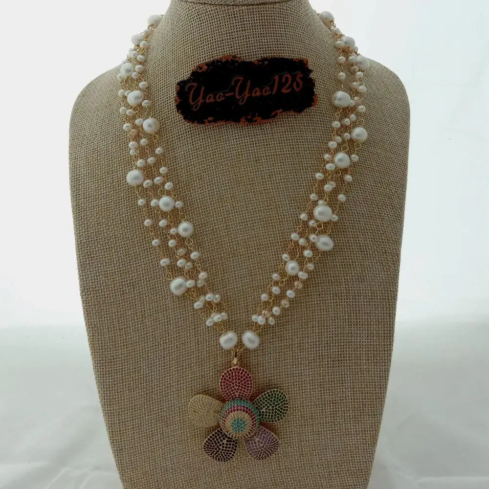 Круглое Белое пресноводное жемчужное ожерелье 24 дюйма 4 ряда с кулоном в виде