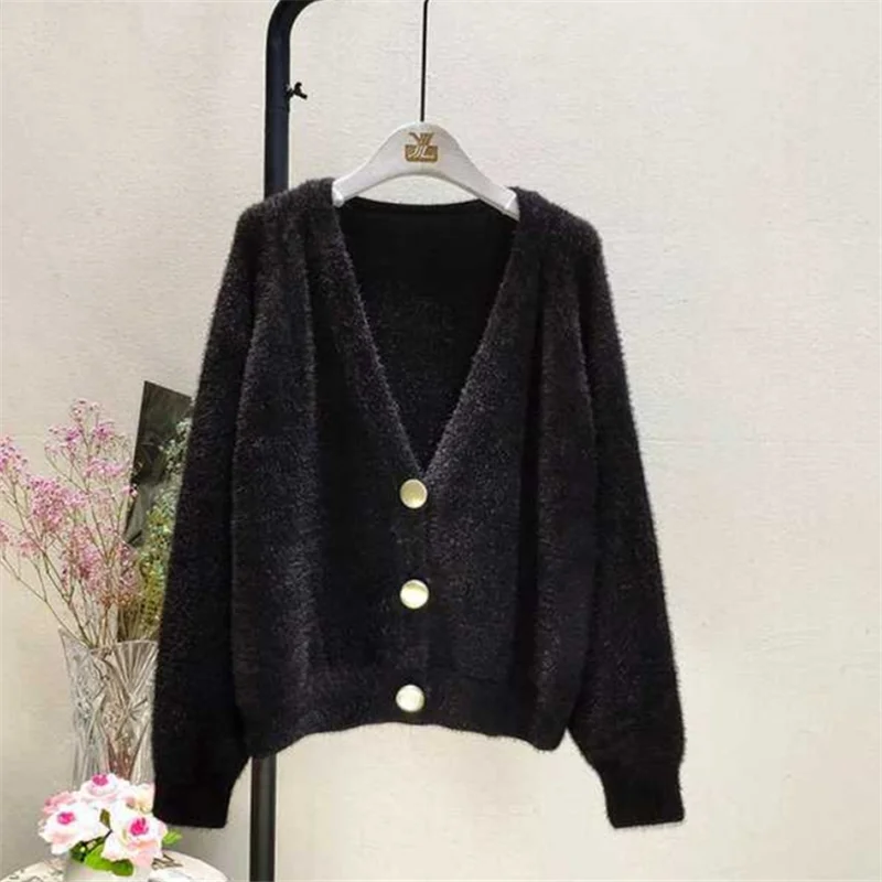 Женский кардиган осень 2019 Пушистый черный вязаный свитер уличная винтажная