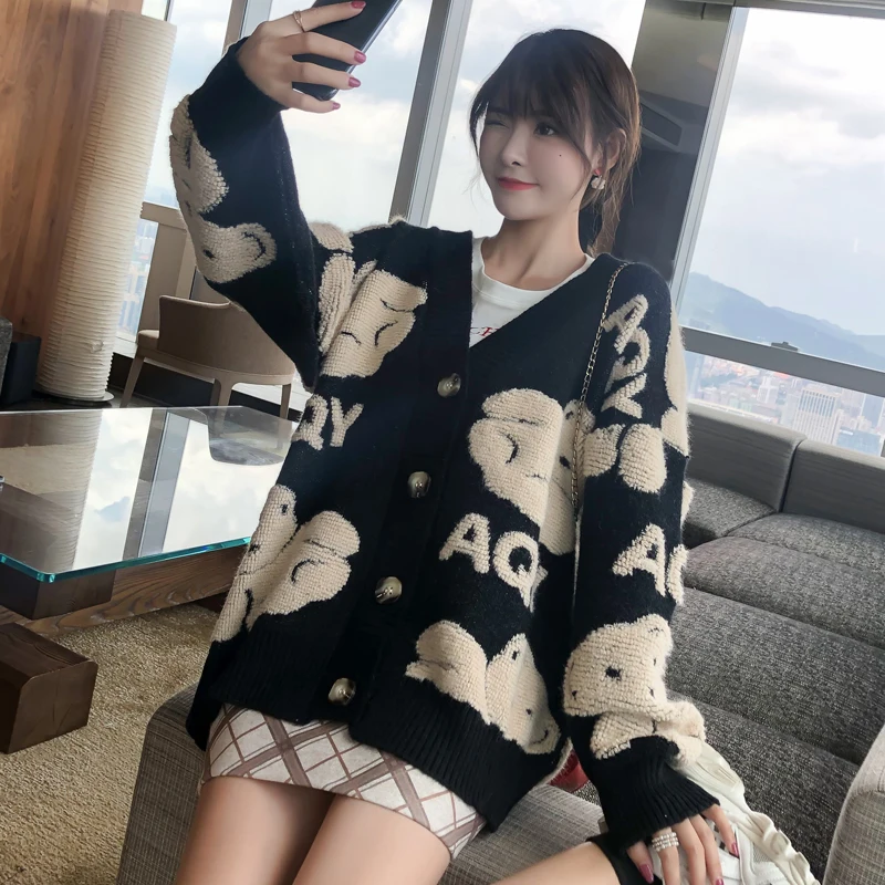 

Women Knitted Cardigans Autumn Winter Long Sleeve Single Breaster Female Loose Sweater Female Cardigan Vintage Knitwear Tops