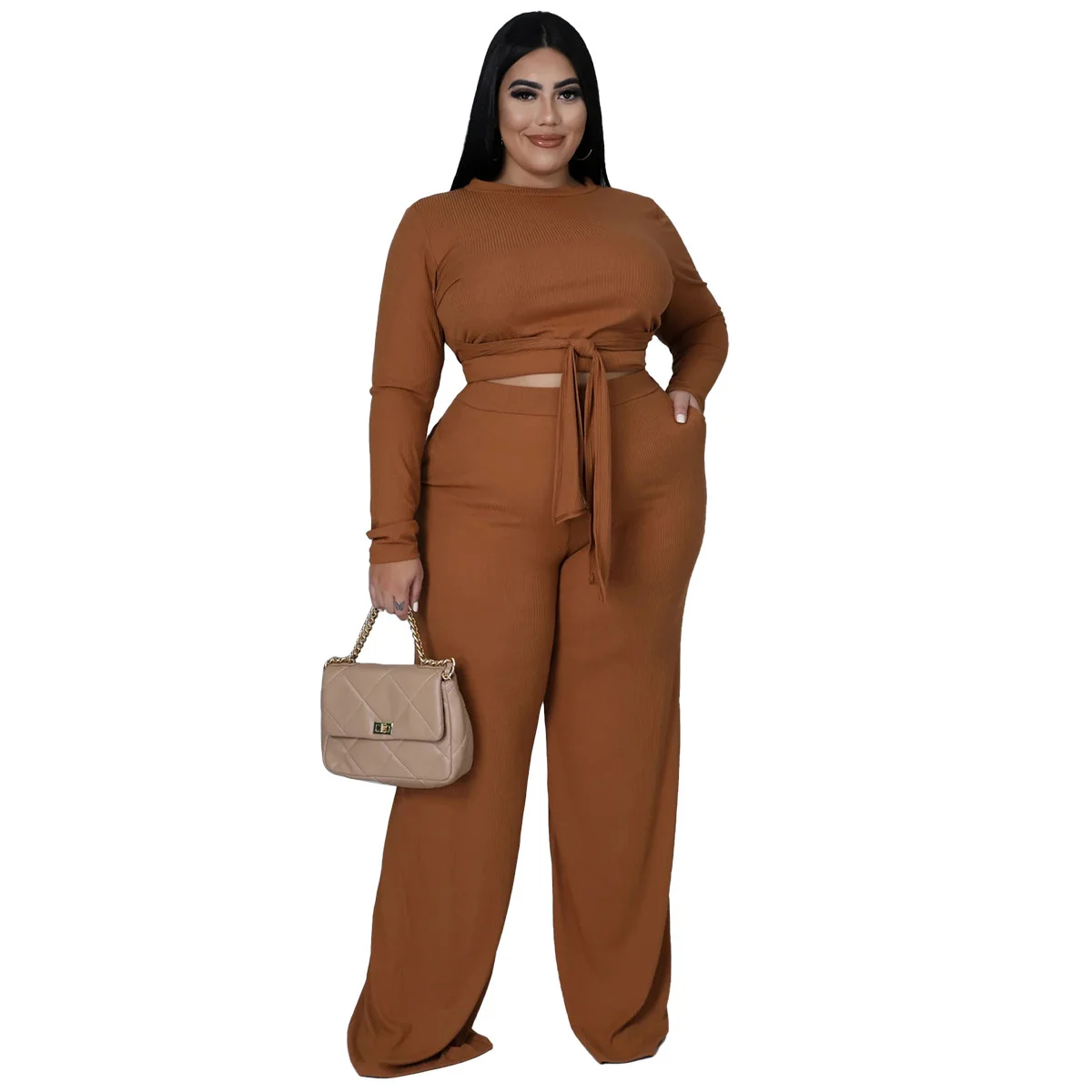 

Zoctuo Women's Clothing O Neck Crop Top 2 Pieces Lace Up Club Outfit Long Flare Pants Autumn Spring Party Fashion 2 Pcs Sets