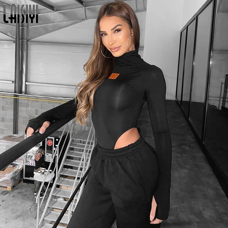 

LAISIYI Basic Turtleneck Bodycon Women Bodysuit Chic Letter Print Casual Streetwear Romper Lady Autumn Winter Activity Playsuit
