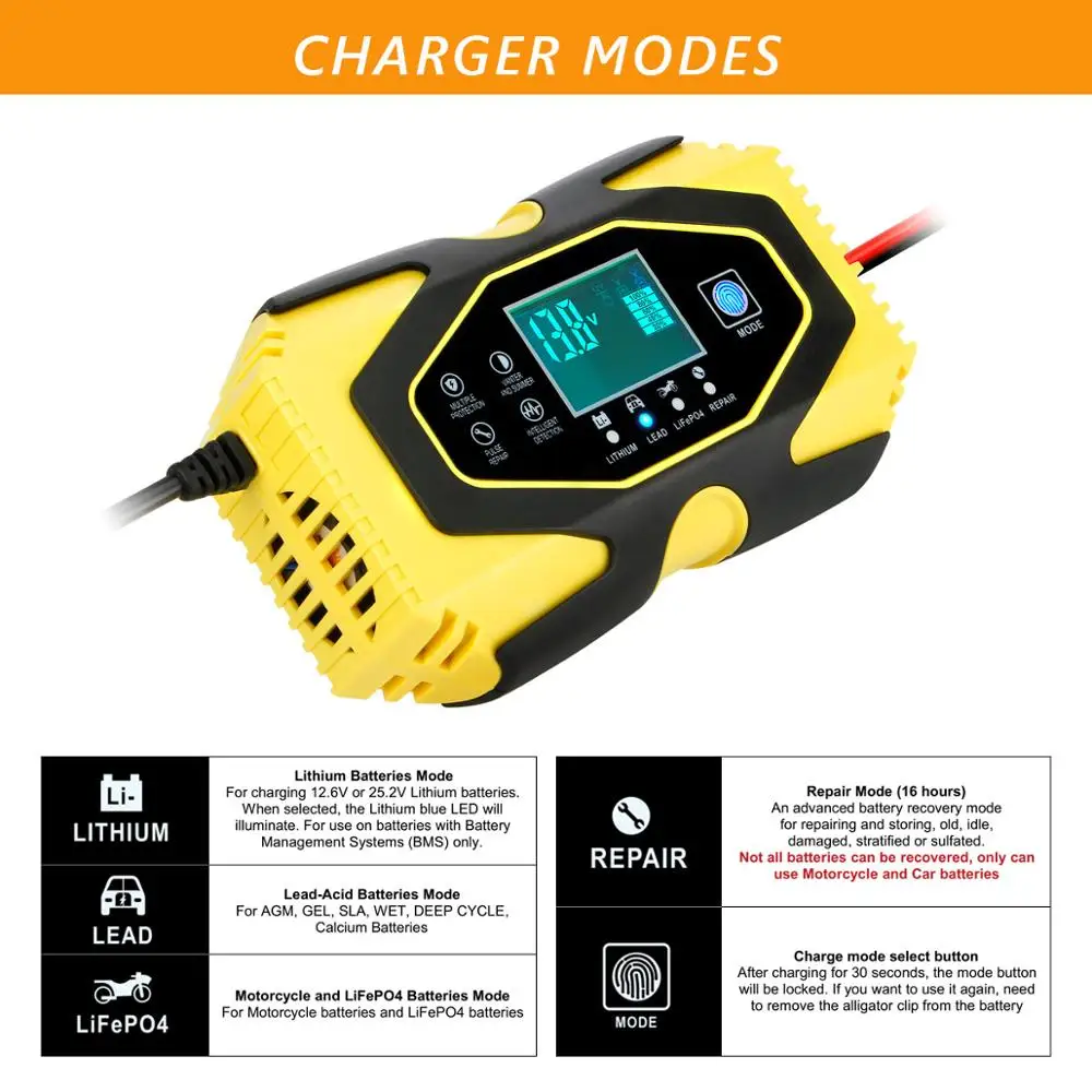Automatic Car Battery Charger 12V/24V 6Amp/3Amp Power Pulse Funtional Repair Chargers Lead Acid Digital LCD Screen |