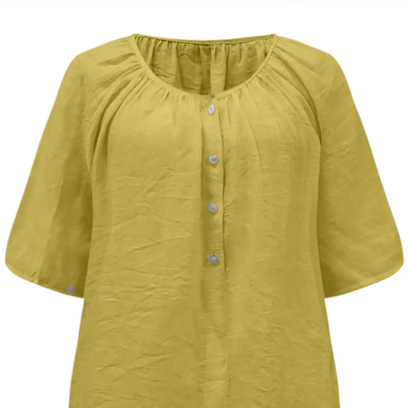 

Ladies Short-Sleeved Summer And Early Autumn Fashion Casual Loose Button Solid Color Square Collar Cotton And Linen Sleeve Top F