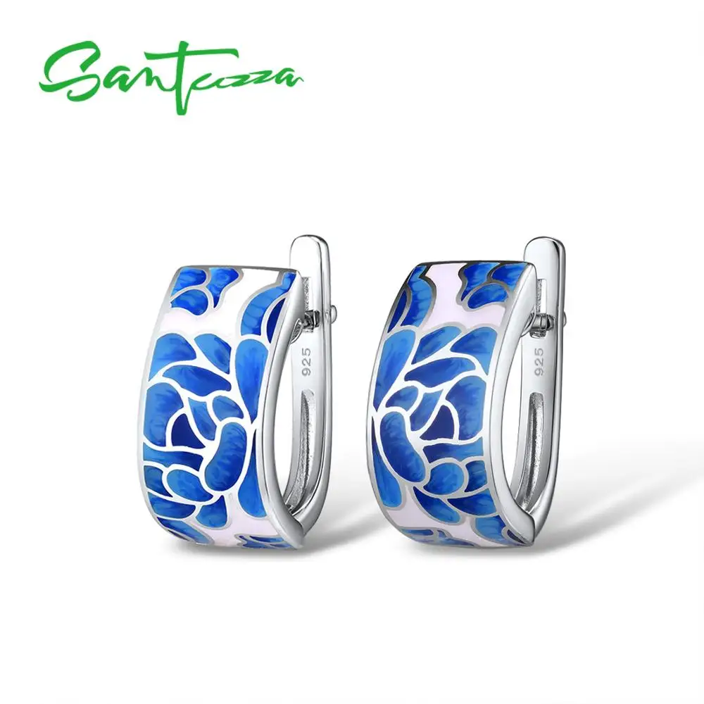 SANTUZZA, серебряные серьги для женщин, натуральная 925 пробы, серебряные, синие, цветок, эмалированные серьги, модный подарок, хорошее ювелирное изделие ручной работы