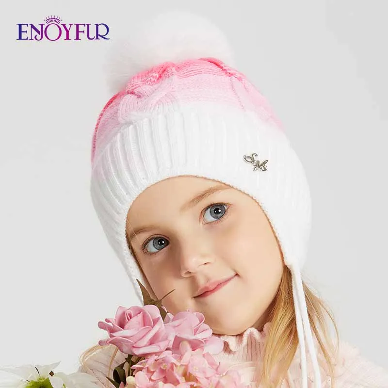 Детская шапка с помпоном ENJOYFUR теплая вязаная из натурального меха лисы для