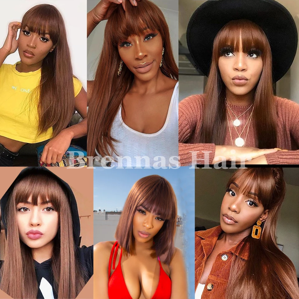 

Long Straight Wig With Bangs Human Hair Peruvian Remy Hair Glueless Wig Brown Color Machine Wigs For Women 8-26" 180% Density