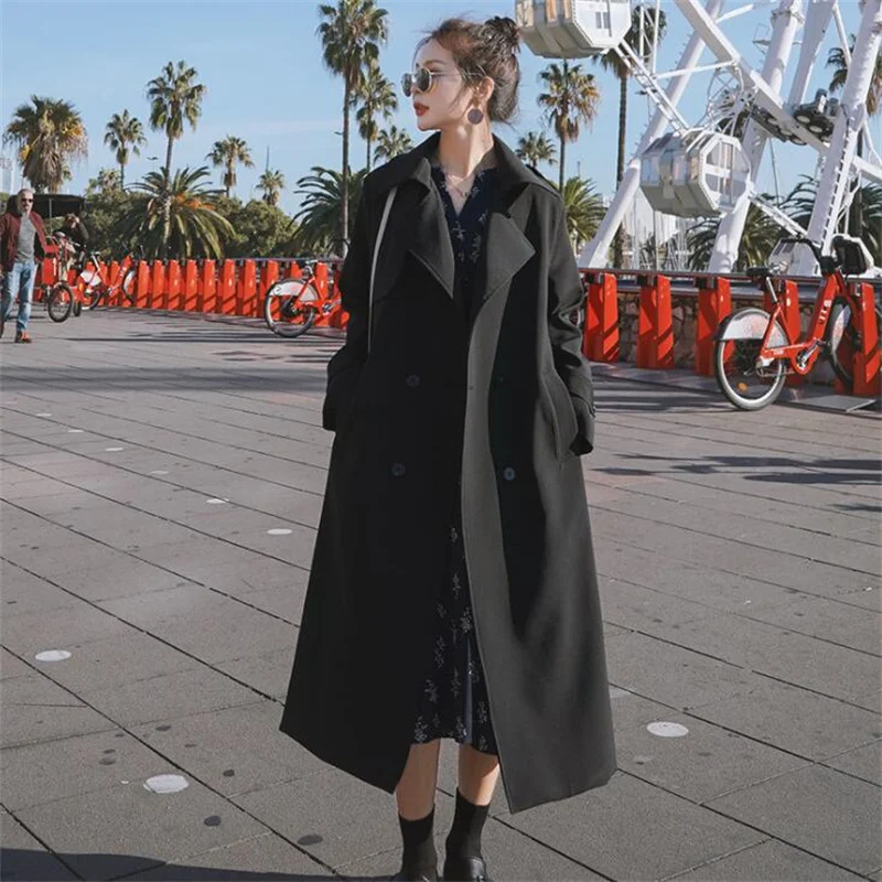 Double-breasted women's trench coats spring autumn windbreaker jacket mid-length British style korean loose long coats black