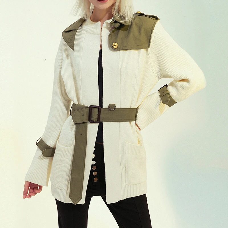 

SeeBeautiful New Fashion Spring 2021 Stand Collar Long Sleeve Warm Belt Stitching Knitting Overcoat Loose Coat Woman Q564