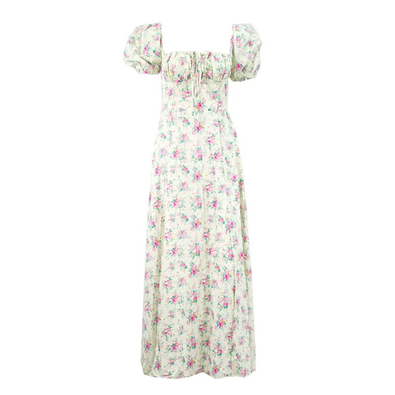 

Retro Sexy Open Fork Floral Dress Women Designer Fit Chic Lace-up Puff Sleeve Midi Dress Casual Holiday Beach Summer Dress 2021