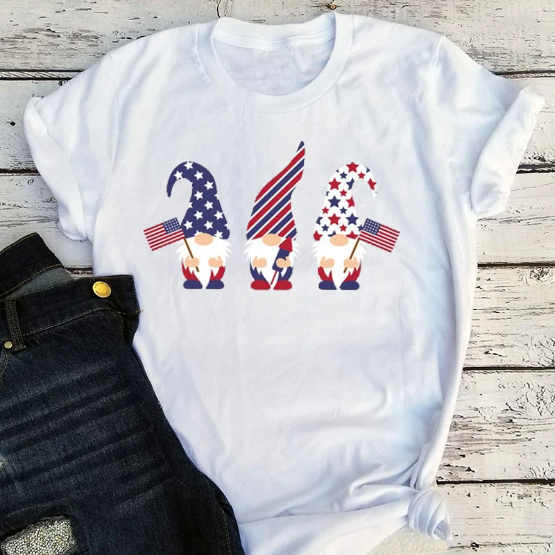 

Patriotic Gnomes with USA Flag Vintage Clothes Woman 4th of July 2021 Women Tee Independence Day Gnome Tees Plus Size L