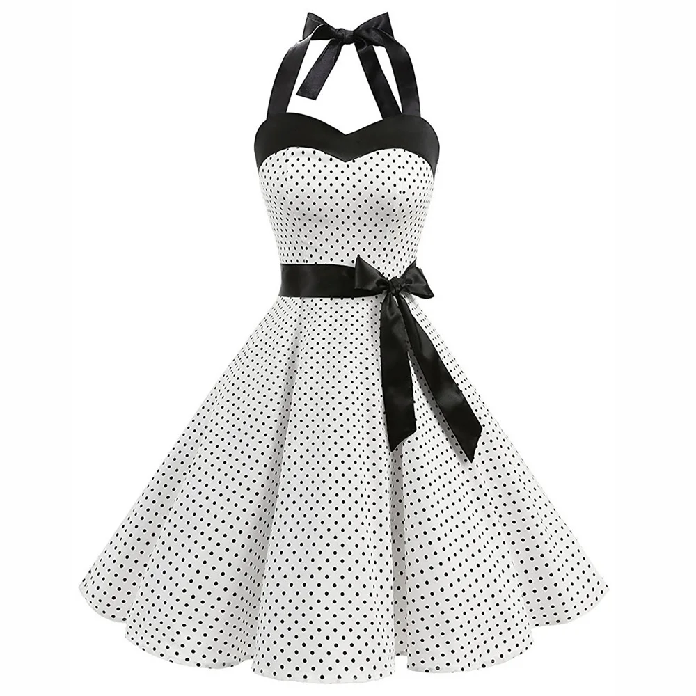 Винтажное женское платье в горошек с лямкой на шее|Женские платья| |