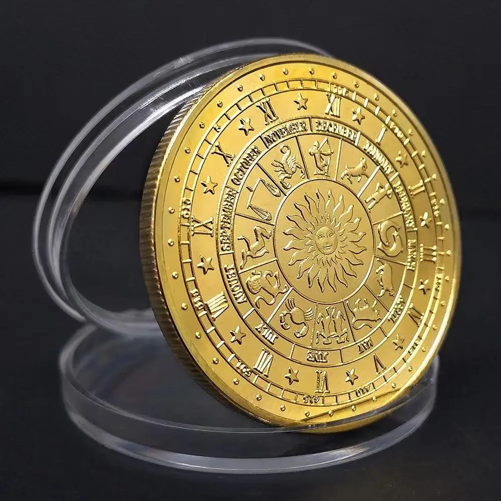 Twelve Constellation Zodiac Gold Commemorative Coins Virgo Tarot Wishing Sun God Lucky Love Medals Euro Astrology Souvenir | Дом и сад