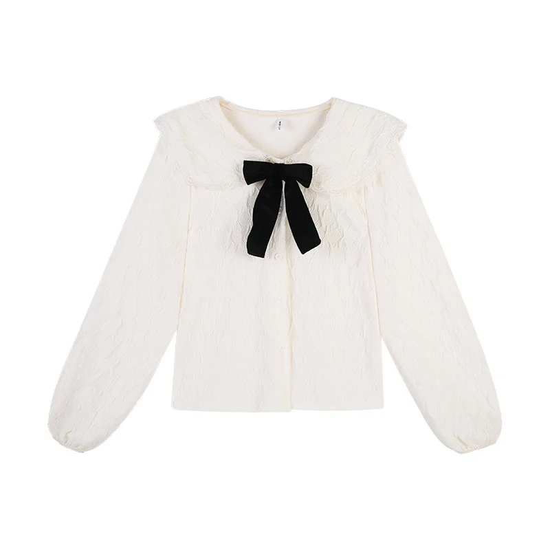 Белая рубашка с детским воротником женская длинным рукавом на весну и осень