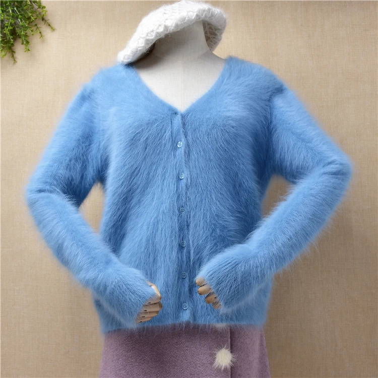 

female women fashion light blue hairy angora rabbit fur knitted long sleeves v-neck slim cardigans mink fur jacket coat sweater