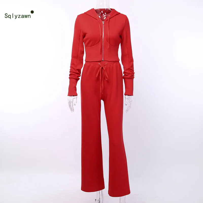 Осенний женский костюм из двух предметов куртка с капюшоном Топ + широкие брюки