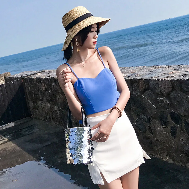Thailand tide 2021 spring and summer new seaside holiday one line collar leaky back suspender shirt dimensional bow
