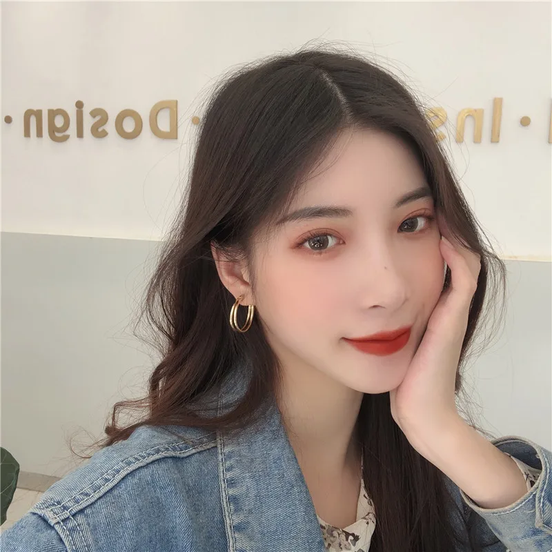

2020 New Korean Vintage Earrings For Women Double Metal Ring Earrings Big Geometric Round Gold Earrings Fashion Jewelry