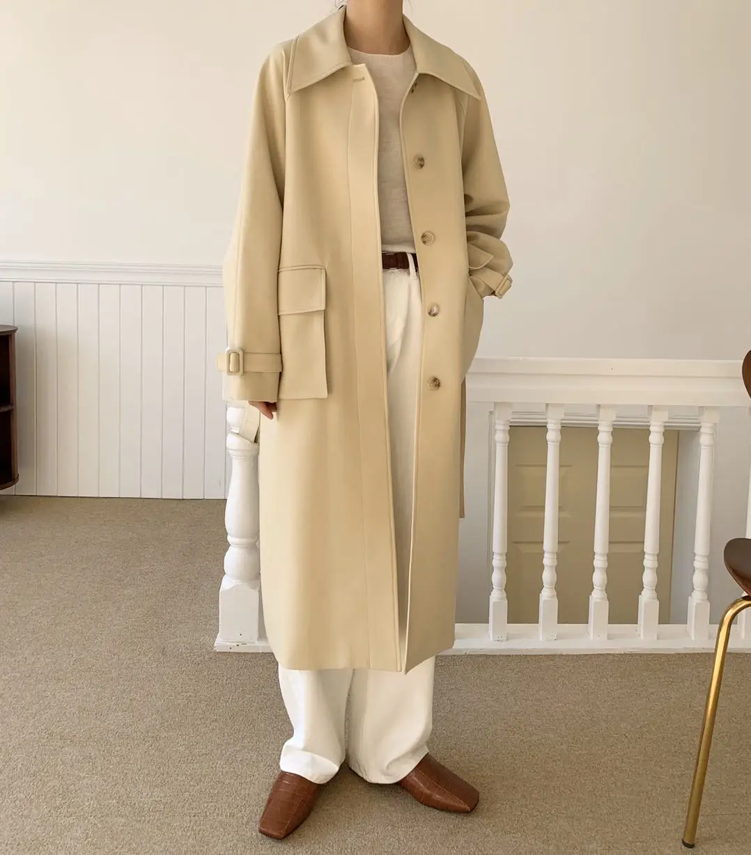 

European and American Big Turn Down Collar Long Loose Belted Windbreaker With Big Pockets Long Trench Coat for Women