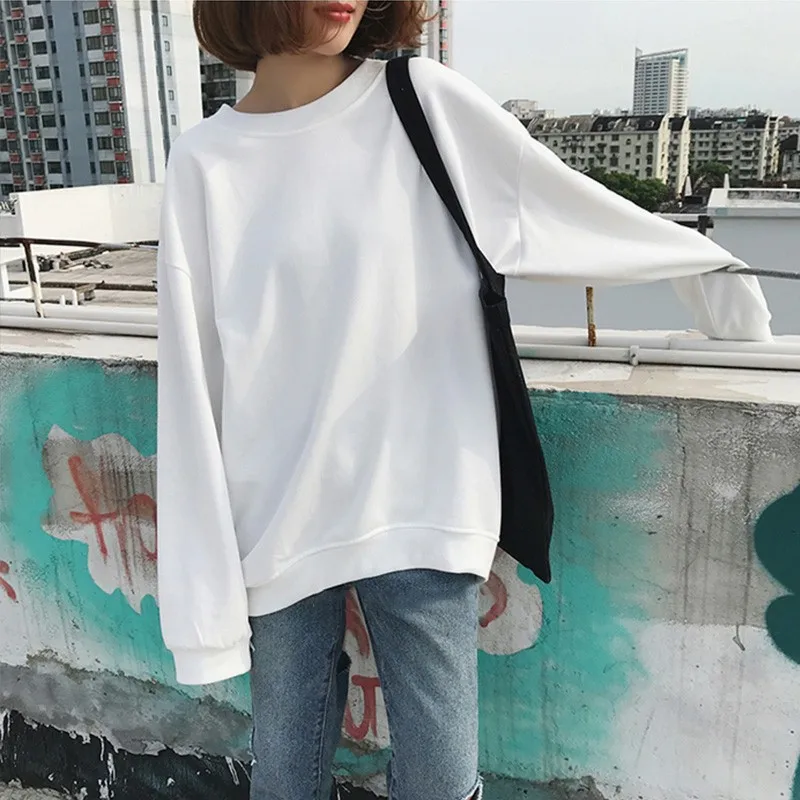 Толстовки женские с круглым вырезом однотонные свободные Harajuku мягкие женские в Корейском стиле, модная одежда для студентов, простое тонкое худи, повседневная женская одежда BF