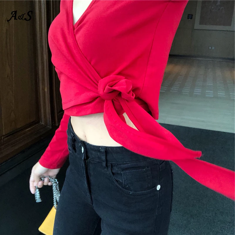 Женская футболка с узлом и V образным вырезом длинным рукавом|Футболки| |