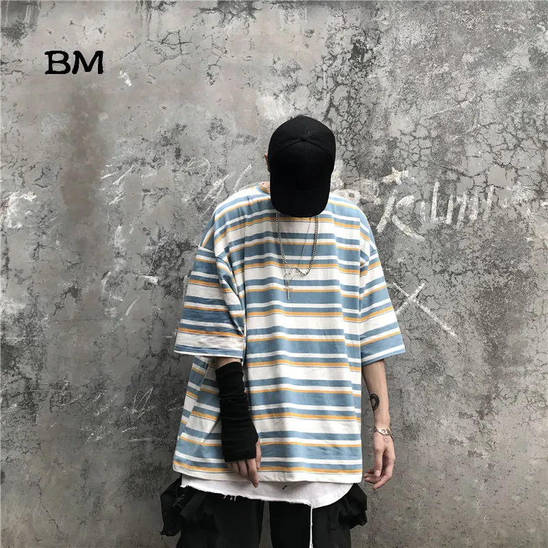 Футболка в Корейском стиле ulzzang летняя футболка полоску хип-хоп Мужская К-поп с