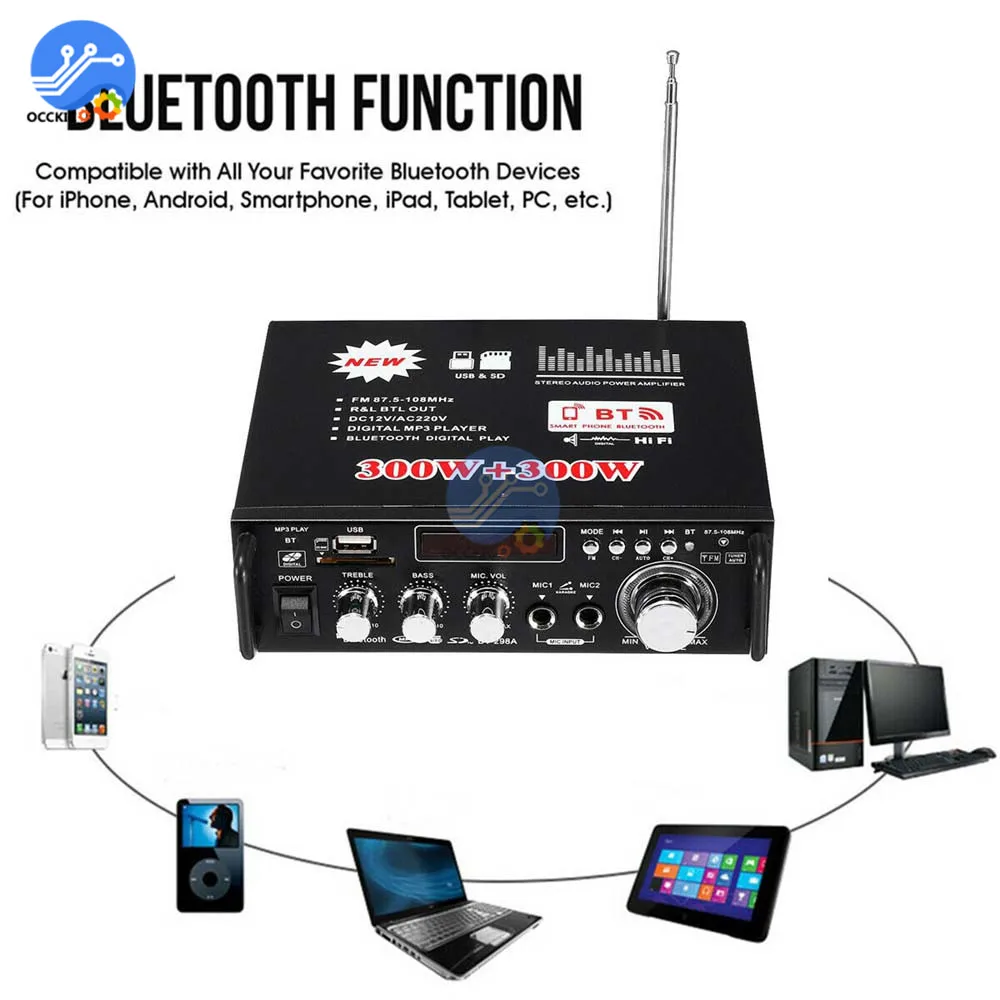 Усилитель мощности Bluetooth 600 Вт + 300 2CH HIFI аудио стерео усилитель USB FM радио для