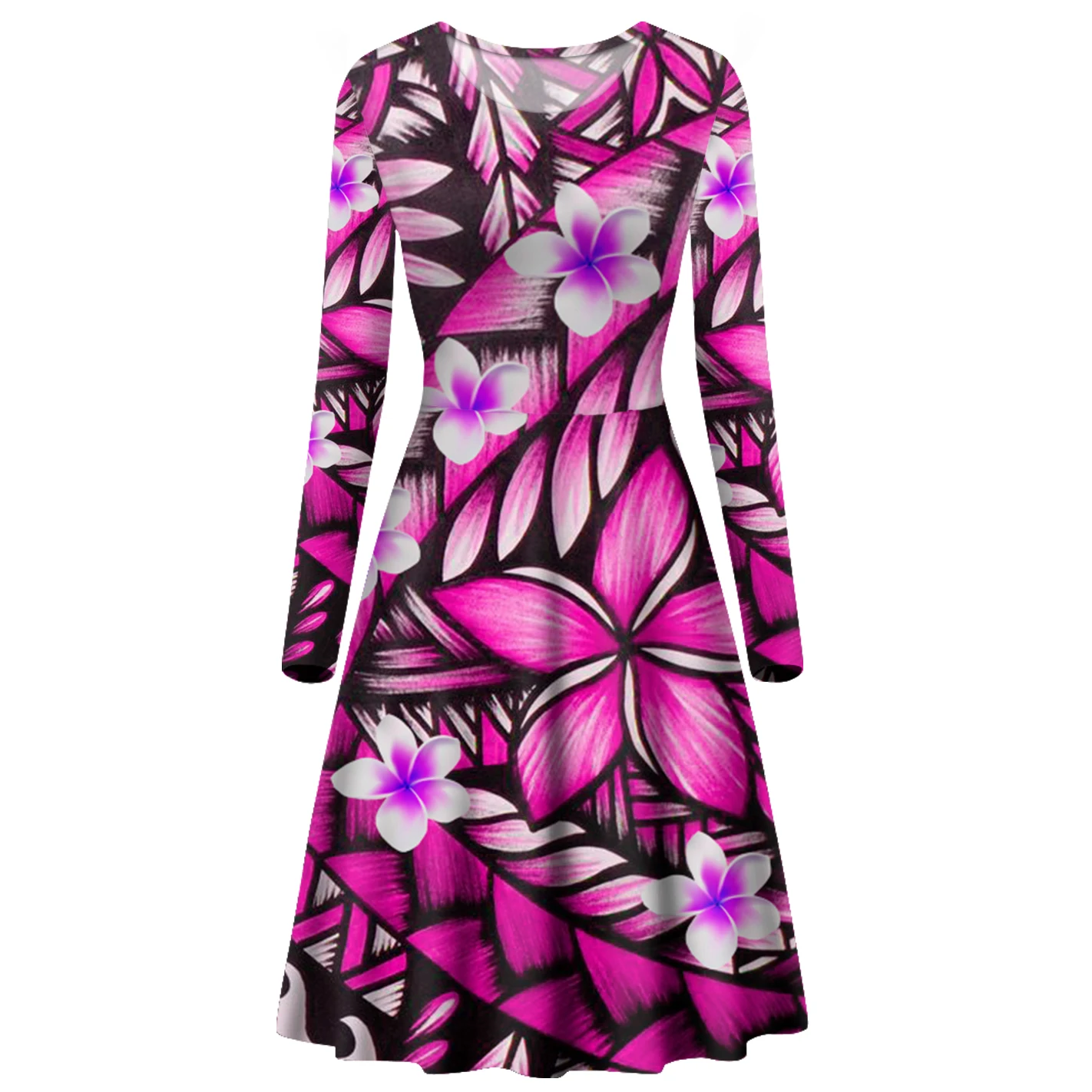 

High Quality Wholesale Printing Polynesian Traditional Tribal Print Long Sleeve Dress Women Fashion Casual O Collar Swing Skirt